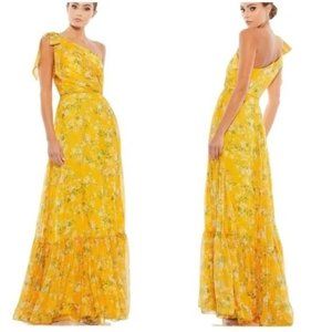 Mac Duggal One Shoulder Bow Maxi Dress Yellow Floral Tiered Ruffled Size 4 NWT
